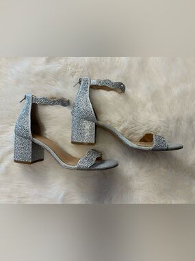 INC International Concepts Silver Rhinestone Block Heel Sandals 9.5
